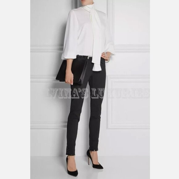 GUCCI RIDING PANTS SKINNY LEATHER TRIM BLACK COTTON BUTTONED HEMLINE IT 38 US 2 - Picture 2 of 11